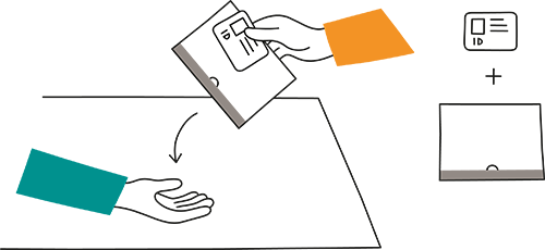 Hand lämnar id-kort och valkuvert till röstmottagaren.