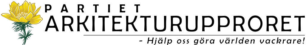 Symbol för Partiet Arkitekturupproret, symbolen innnehåller uppmaningen "Hjälp oss göra världen vackrare!"