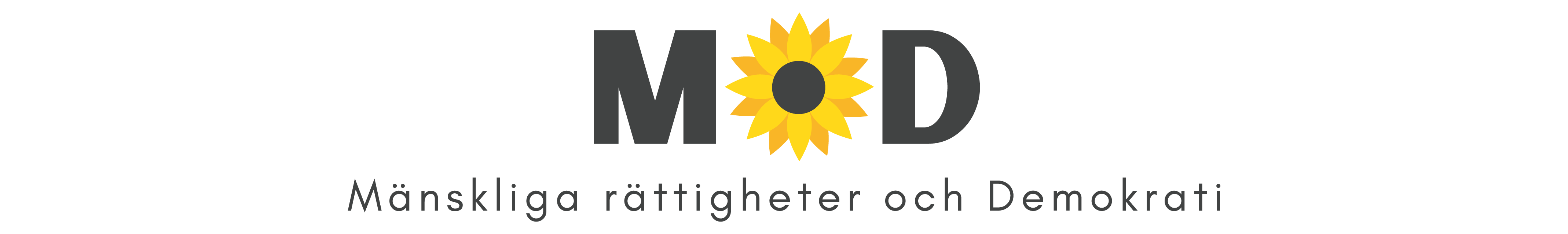 Symbol för partiet Mänskliga rättigheter och demokrati, gul solros med ordbild i svart.